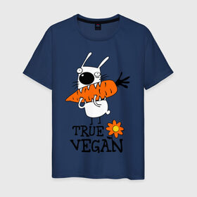 Мужская футболка хлопок с принтом True vegan (истинный веган) в Тюмени, 100% хлопок | прямой крой, круглый вырез горловины, длина до линии бедер, слегка спущенное плечо. | carrot | flower | rabbit | true | vegan | веган | заяц | истинный | морковка | ролик | цветок | экология