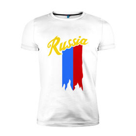 Мужская футболка премиум с принтом Russia каллиграфия флаг в Тюмени, 92% хлопок, 8% лайкра | приталенный силуэт, круглый вырез ворота, длина до линии бедра, короткий рукав | герб | каллиграфия | патриот | россия | русский | рф | флаг