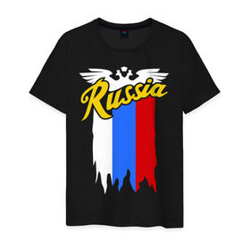 Мужская футболка хлопок с принтом Russia каллиграфия флаг в Тюмени, 100% хлопок | прямой крой, круглый вырез горловины, длина до линии бедер, слегка спущенное плечо. | герб | каллиграфия | патриот | россия | русский | рф | флаг