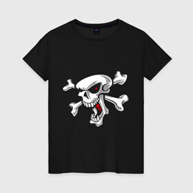 Женская футболка хлопок с принтом Череп и кости в Тюмени, 100% хлопок | прямой крой, круглый вырез горловины, длина до линии бедер, слегка спущенное плечо | веселый | голова | кости | пират. роджер | селет | череп