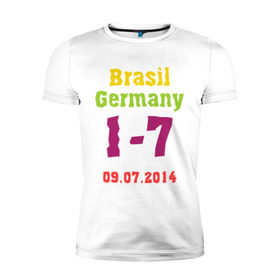 Мужская футболка премиум с принтом Бразилия - Германия в Тюмени, 92% хлопок, 8% лайкра | приталенный силуэт, круглый вырез ворота, длина до линии бедра, короткий рукав | 