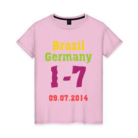 Женская футболка хлопок с принтом Бразилия - Германия в Тюмени, 100% хлопок | прямой крой, круглый вырез горловины, длина до линии бедер, слегка спущенное плечо | 