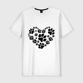 Мужская футболка премиум с принтом Сердце из собачьих следов в Тюмени, 92% хлопок, 8% лайкра | приталенный силуэт, круглый вырез ворота, длина до линии бедра, короткий рукав | 