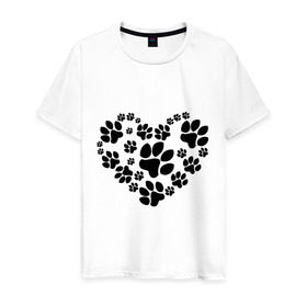 Мужская футболка хлопок с принтом Сердце из собачьих следов в Тюмени, 100% хлопок | прямой крой, круглый вырез горловины, длина до линии бедер, слегка спущенное плечо. | 