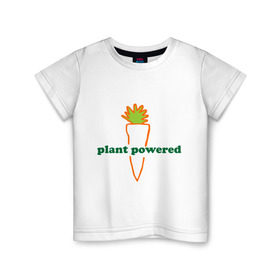 Детская футболка хлопок с принтом Vegetarian plant powered в Тюмени, 100% хлопок | круглый вырез горловины, полуприлегающий силуэт, длина до линии бедер | Тематика изображения на принте: carrot | plant | power | vegan. vegeterian | веган | вегетарианец | заряжен | морковь | овощи | растение | сила | фрукты