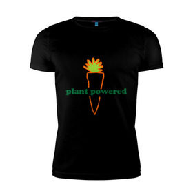 Мужская футболка премиум с принтом Vegetarian plant powered в Тюмени, 92% хлопок, 8% лайкра | приталенный силуэт, круглый вырез ворота, длина до линии бедра, короткий рукав | carrot | plant | power | vegan. vegeterian | веган | вегетарианец | заряжен | морковь | овощи | растение | сила | фрукты