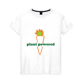 Женская футболка хлопок с принтом Vegetarian plant powered в Тюмени, 100% хлопок | прямой крой, круглый вырез горловины, длина до линии бедер, слегка спущенное плечо | carrot | plant | power | vegan. vegeterian | веган | вегетарианец | заряжен | морковь | овощи | растение | сила | фрукты