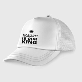 Детская кепка тракер с принтом Moriarty is our king в Тюмени, Козырек - 100% хлопок. Кепка - 100% полиэстер, Задняя часть - сетка | универсальный размер, пластиковая застёжка | Тематика изображения на принте: king | moriarty | our | король | мориарти | наш