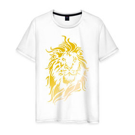 Мужская футболка хлопок с принтом Лев золотой в Тюмени, 100% хлопок | прямой крой, круглый вырез горловины, длина до линии бедер, слегка спущенное плечо. | голова | грива | зверь | золото | лев | металл | хищник | царь