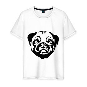 Мужская футболка хлопок с принтом Щенок мопса в Тюмени, 100% хлопок | прямой крой, круглый вырез горловины, длина до линии бедер, слегка спущенное плечо. | dog | голова | мопс | пес | псина | собака | щенок