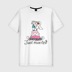 Мужская футболка премиум с принтом Just Married - Свадебный торт в Тюмени, 92% хлопок, 8% лайкра | приталенный силуэт, круглый вырез ворота, длина до линии бедра, короткий рукав | just married | молодожены | свадебный торт | торт