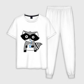Мужская пижама хлопок с принтом Енот мальчик (парная) в Тюмени, 100% хлопок | брюки и футболка прямого кроя, без карманов, на брюках мягкая резинка на поясе и по низу штанин
 | енот