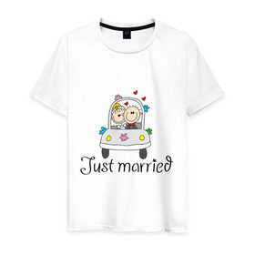 Мужская футболка хлопок с принтом Женатики в Тюмени, 100% хлопок | прямой крой, круглый вырез горловины, длина до линии бедер, слегка спущенное плечо. | Тематика изображения на принте: брак | жена | женатики | жених | молодожены | муж | невеста | свадьба