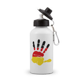 Бутылка спортивная с принтом Рука Германии в Тюмени, металл | емкость — 500 мл, в комплекте две пластиковые крышки и карабин для крепления | германия | желтый | красный | ладонь | отпечаток | рука | след | флаг | черный