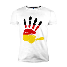 Мужская футболка премиум с принтом Рука Германии в Тюмени, 92% хлопок, 8% лайкра | приталенный силуэт, круглый вырез ворота, длина до линии бедра, короткий рукав | германия | желтый | красный | ладонь | отпечаток | рука | след | флаг | черный