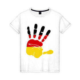 Женская футболка хлопок с принтом Рука Германии в Тюмени, 100% хлопок | прямой крой, круглый вырез горловины, длина до линии бедер, слегка спущенное плечо | германия | желтый | красный | ладонь | отпечаток | рука | след | флаг | черный