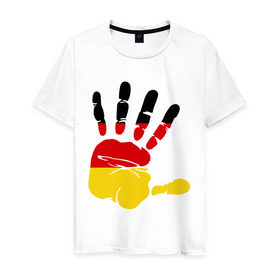 Мужская футболка хлопок с принтом Рука Германии в Тюмени, 100% хлопок | прямой крой, круглый вырез горловины, длина до линии бедер, слегка спущенное плечо. | германия | желтый | красный | ладонь | отпечаток | рука | след | флаг | черный