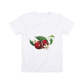 Детская футболка хлопок с принтом Сладкая вишенка в Тюмени, 100% хлопок | круглый вырез горловины, полуприлегающий силуэт, длина до линии бедер | вишенка | вишня | сеток | фрукты | цветы