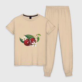 Женская пижама хлопок с принтом Сладкая вишенка в Тюмени, 100% хлопок | брюки и футболка прямого кроя, без карманов, на брюках мягкая резинка на поясе и по низу штанин | вишенка | вишня | сеток | фрукты | цветы