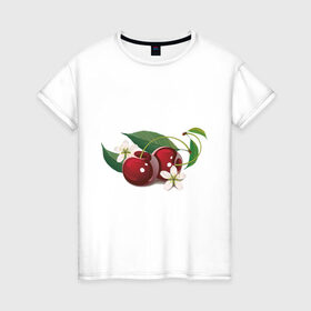 Женская футболка хлопок с принтом Сладкая вишенка в Тюмени, 100% хлопок | прямой крой, круглый вырез горловины, длина до линии бедер, слегка спущенное плечо | вишенка | вишня | сеток | фрукты | цветы