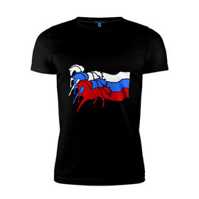 Мужская футболка премиум с принтом Сильная Россия в Тюмени, 92% хлопок, 8% лайкра | приталенный силуэт, круглый вырез ворота, длина до линии бедра, короткий рукав | кони | лошадь | россия | сильная | триколор | тройка | флаг