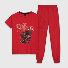Женская пижама хлопок с принтом Iron Maiden в Тюмени, 100% хлопок | брюки и футболка прямого кроя, без карманов, на брюках мягкая резинка на поясе и по низу штанин | гитара | скелет