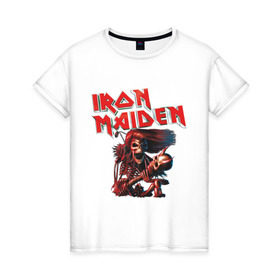 Женская футболка хлопок с принтом Iron Maiden в Тюмени, 100% хлопок | прямой крой, круглый вырез горловины, длина до линии бедер, слегка спущенное плечо | гитара | скелет