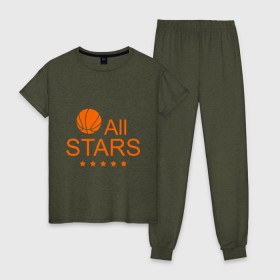 Женская пижама хлопок с принтом All stars (баскетбол) в Тюмени, 100% хлопок | брюки и футболка прямого кроя, без карманов, на брюках мягкая резинка на поясе и по низу штанин | Тематика изображения на принте: basketball | все | звезды | мяч