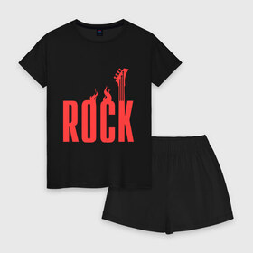 Женская пижама с шортиками хлопок с принтом Rock (пылающая надпись) в Тюмени, 100% хлопок | футболка прямого кроя, шорты свободные с широкой мягкой резинкой | гитара