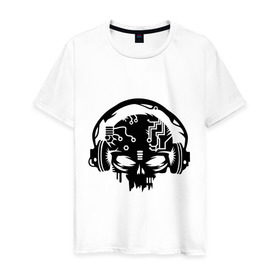 Мужская футболка хлопок с принтом Электро череп в Тюмени, 100% хлопок | прямой крой, круглый вырез горловины, длина до линии бедер, слегка спущенное плечо. | кости | музыка | наушники | электро череп