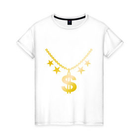 Женская футболка хлопок с принтом Золотой доллар в Тюмени, 100% хлопок | прямой крой, круглый вырез горловины, длина до линии бедер, слегка спущенное плечо | доллар | звезда | золото | цепь
