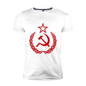 Мужская футболка премиум с принтом СССР герб в Тюмени, 92% хлопок, 8% лайкра | приталенный силуэт, круглый вырез ворота, длина до линии бедра, короткий рукав | звезда | молот | ретро | серп | ссср