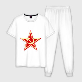 Мужская пижама хлопок с принтом Слава советскому человеку в Тюмени, 100% хлопок | брюки и футболка прямого кроя, без карманов, на брюках мягкая резинка на поясе и по низу штанин
 | звезда | красный | молот | патриот | ретро | серп | ссср