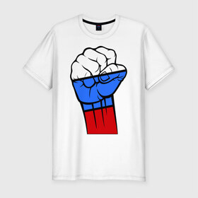 Мужская футболка премиум с принтом Русский дух в Тюмени, 92% хлопок, 8% лайкра | приталенный силуэт, круглый вырез ворота, длина до линии бедра, короткий рукав | дух | кулак | патриот | россия | рука | русский | рф | триколор
