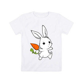 Детская футболка хлопок с принтом Зайка с морковкой в Тюмени, 100% хлопок | круглый вырез горловины, полуприлегающий силуэт, длина до линии бедер | Тематика изображения на принте: белый | зайка | заяц | кролик | милый | морковь