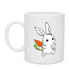 Кружка с принтом Зайка с морковкой в Тюмени, керамика | объем — 330 мл, диаметр — 80 мм. Принт наносится на бока кружки, можно сделать два разных изображения | белый | зайка | заяц | кролик | милый | морковь