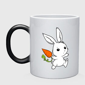 Кружка хамелеон с принтом Зайка с морковкой в Тюмени, керамика | меняет цвет при нагревании, емкость 330 мл | белый | зайка | заяц | кролик | милый | морковь