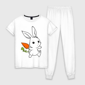 Женская пижама хлопок с принтом Зайка с морковкой в Тюмени, 100% хлопок | брюки и футболка прямого кроя, без карманов, на брюках мягкая резинка на поясе и по низу штанин | белый | зайка | заяц | кролик | милый | морковь