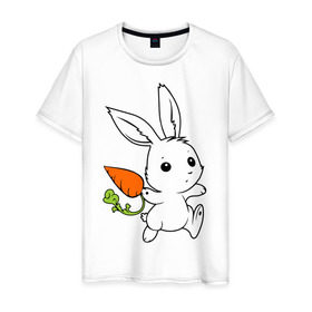 Мужская футболка хлопок с принтом Зайка с морковкой в Тюмени, 100% хлопок | прямой крой, круглый вырез горловины, длина до линии бедер, слегка спущенное плечо. | белый | зайка | заяц | кролик | милый | морковь