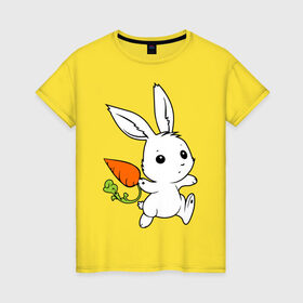 Женская футболка хлопок с принтом Зайка с морковкой в Тюмени, 100% хлопок | прямой крой, круглый вырез горловины, длина до линии бедер, слегка спущенное плечо | белый | зайка | заяц | кролик | милый | морковь