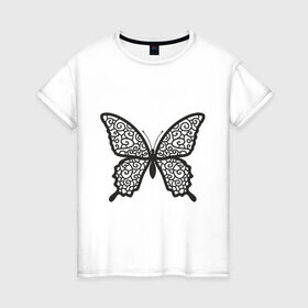 Женская футболка хлопок с принтом Бабочка с кружевными крыльями в Тюмени, 100% хлопок | прямой крой, круглый вырез горловины, длина до линии бедер, слегка спущенное плечо | кружево | мотылек | силуэт | узор