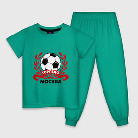Детская пижама хлопок с принтом Торпедо в Тюмени, 100% хлопок |  брюки и футболка прямого кроя, без карманов, на брюках мягкая резинка на поясе и по низу штанин
 | Тематика изображения на принте: венок | москва | мяч | спорт | торпедо | фк | футбол | футбольный клуб