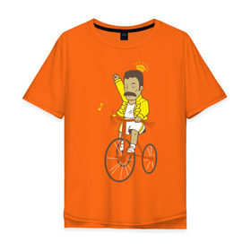 Мужская футболка хлопок Oversize с принтом Фредди на велосипеде в Тюмени, 100% хлопок | свободный крой, круглый ворот, “спинка” длиннее передней части | queen | велосипед | меломанам | музыка | прикол | рок | фрэдди меркьюри