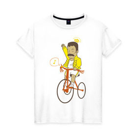 Женская футболка хлопок с принтом Фредди на велосипеде в Тюмени, 100% хлопок | прямой крой, круглый вырез горловины, длина до линии бедер, слегка спущенное плечо | queen | велосипед | меломанам | музыка | прикол | рок | фрэдди меркьюри