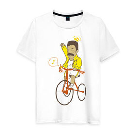 Мужская футболка хлопок с принтом Фредди на велосипеде в Тюмени, 100% хлопок | прямой крой, круглый вырез горловины, длина до линии бедер, слегка спущенное плечо. | queen | велосипед | меломанам | музыка | прикол | рок | фрэдди меркьюри