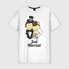 Мужская футболка премиум с принтом Just Married - Молодожены в Тюмени, 92% хлопок, 8% лайкра | приталенный силуэт, круглый вырез ворота, длина до линии бедра, короткий рукав | just married | жених | молодожены | невеста | подарки | праздник | свадьби