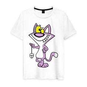 Мужская футболка хлопок с принтом Кот с мышкой в Тюмени, 100% хлопок | прямой крой, круглый вырез горловины, длина до линии бедер, слегка спущенное плечо. | животное мурка | кот с мышкой | котик | котяра | мышка