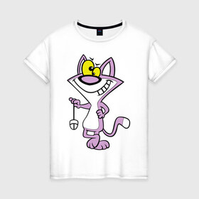 Женская футболка хлопок с принтом Кот с мышкой в Тюмени, 100% хлопок | прямой крой, круглый вырез горловины, длина до линии бедер, слегка спущенное плечо | животное мурка | кот с мышкой | котик | котяра | мышка