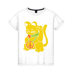 Женская футболка хлопок с принтом Рок кот в Тюмени, 100% хлопок | прямой крой, круглый вырез горловины, длина до линии бедер, слегка спущенное плечо | киска | кот | котик | мурка | рок кот