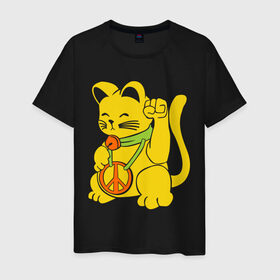 Мужская футболка хлопок с принтом Рок кот в Тюмени, 100% хлопок | прямой крой, круглый вырез горловины, длина до линии бедер, слегка спущенное плечо. | киска | кот | котик | мурка | рок кот